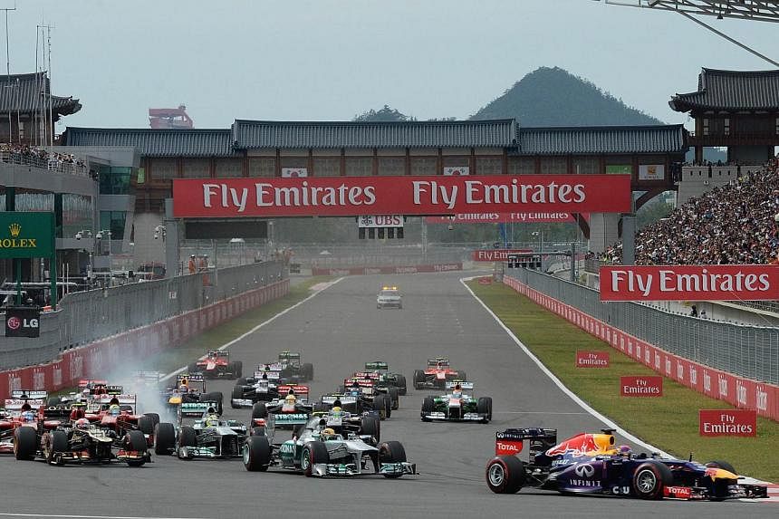 A file photo taken on Oct 6, 2013 shows the start of the Formula One Korean Grand Prix in Yeongam. The Korean Grand Prix has been formally dropped from the 2015 calendar after its surprise inclusion last month for contractual reasons. -- PHOTO: AFP&n