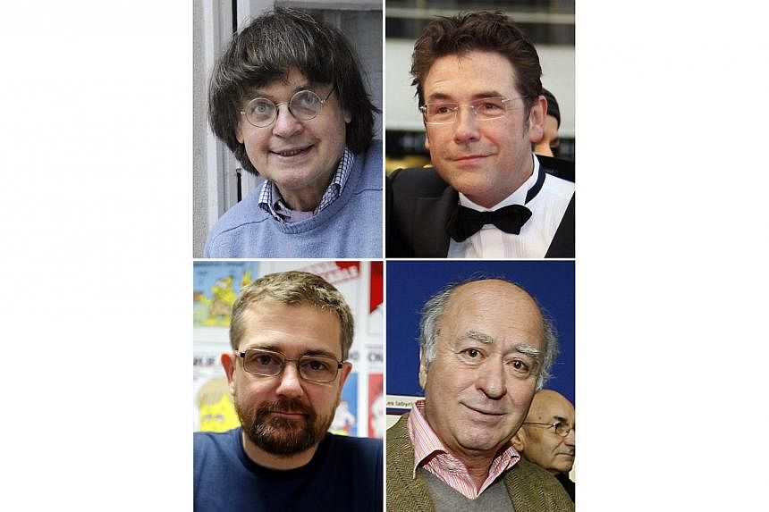 A combination photo shows French cartoonist Jean Cabut, aka Cabu (top left), French cartoonist Tignous (top right), French satirical weekly Charlie Hebdo's editor-in-chief&nbsp;Stephane Charbonnier, known as Charb (bottom left) and French cartoonist 