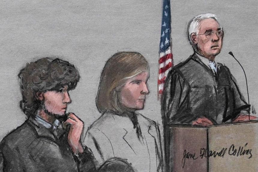 Suspect Dzhokhar Tsarnaev (left) with unidentified member of his defence team and Judge George O'Toole (right) in a&nbsp;sketch artist rendition of the scene inside the John J. Moakley Federal Courthous&nbsp;during the jury selection of Tsarnaev's tr