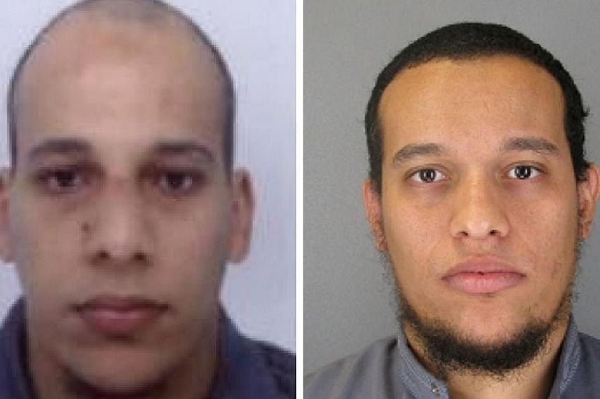 This combo shows handout photos released by French Police in Paris early on Jan 8, 2015 of suspects Cherif Kouachi (left), aged 32, and his brother Said Kouachi (right), aged 34, wanted in connection with an attack at the satirical weekly Charlie Heb