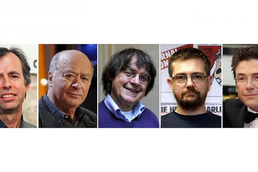 (From left) French satirical weekly Charlie Hebdo's deputy chief editor Bernard Maris and cartoonists Georges Wolinski, Jean Cabut, aka Cabu, Charb and Tignous. Gunmen who attacked the offices of Charlie Hebdo magazine in Paris had reportedly asked f