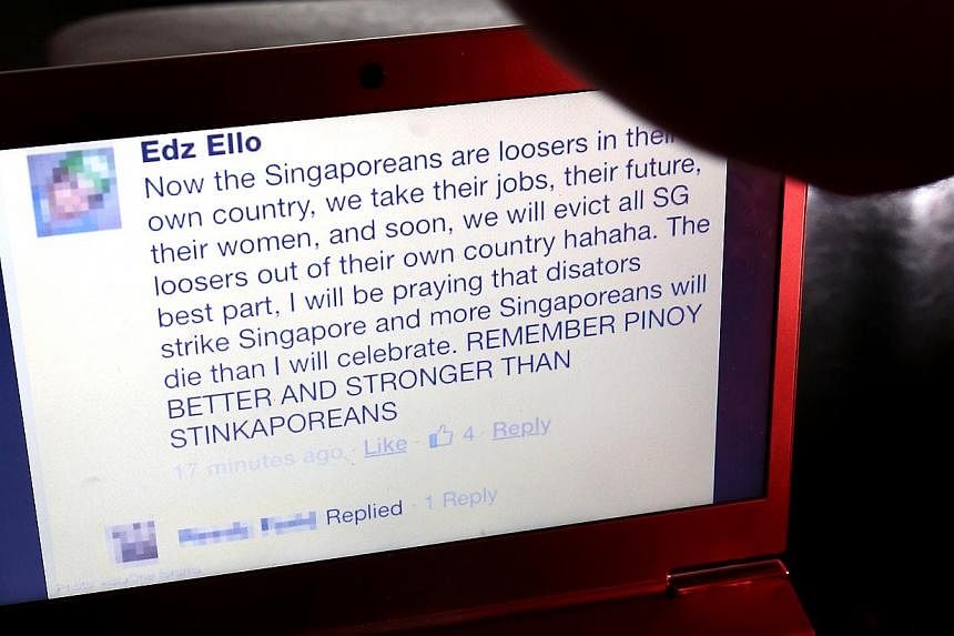 An anti-Singaporean Facebook post, purportedly made by Filipino Ed Mundsel Bello Ello, went viral over the weekend. Mr Ello, who is a nurse at Tan Tock Seng Hospital has since been dismissed. -- PHOTO: THE NEW PAPER&nbsp;