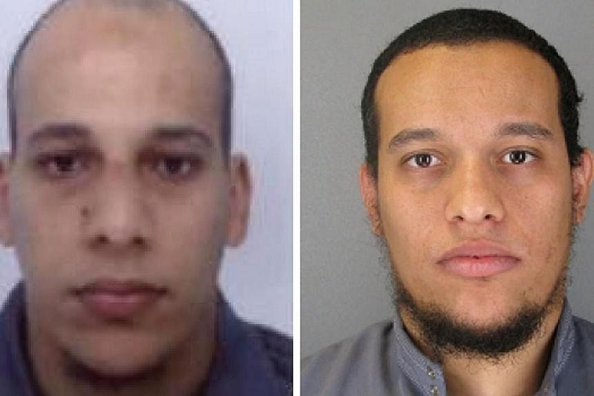 Suspects Cherif Kouachi (left), aged 32, and his brother Said Kouachi (right), 34, wanted in connection with an attack at the satirical weekly Charlie Hebdo in Paris that killed at least 12 people. -- PHOTO: AFP PHOTO/FRENCH POLICE