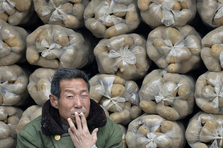 A vendor smokes a cigarette in front of sacks of potatoes piled up on a truck at a whole sale market in Taiyuan, Shanxi province in this Feb 17, 2014 file photo. -- PHOTO: REUTERS