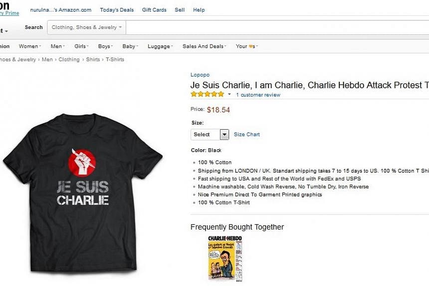 Products with the "Je Suis Charlie" logo, from t-shirts to kitchen aprons, are being sold widely online, presenting a moral quandary for ecommerce stores after this week's deadly attacks in Paris. -- PHOTO: AMAZON SCREENGRAB