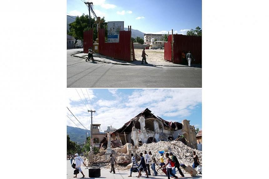 These images show the site of the Sacre Coeur Church in Port-au-Prince, on Dec 29, 2014, (top) and the church on Jan 14, 2010, two days after it was destroyed by the earthquake (bottom). -- PHOTO: AFP