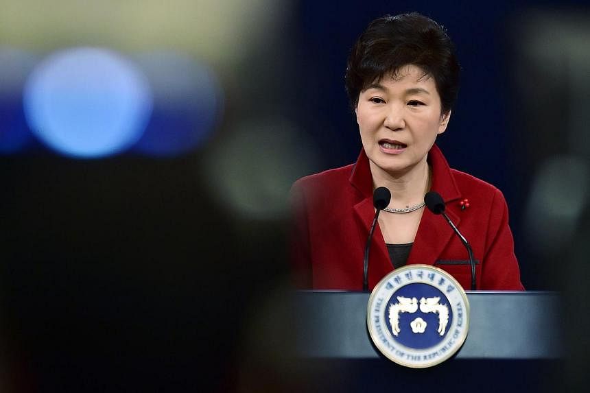 South Korean President Park Geun Hye speaking during her New Year news conference at the presidential Blue House in Seoul on Jan 12, 2015. -- PHOTO: REUTERS