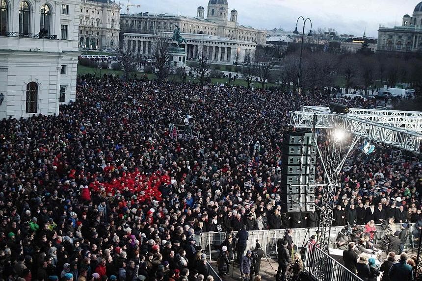 A solidarity demonstration in front of the presidential office in Vienna on Sunday. Some 10,000 people attended the demonstration in tribute to this week's victims following the shootings by gunmen reportedly connected to Middle East terrorist groups