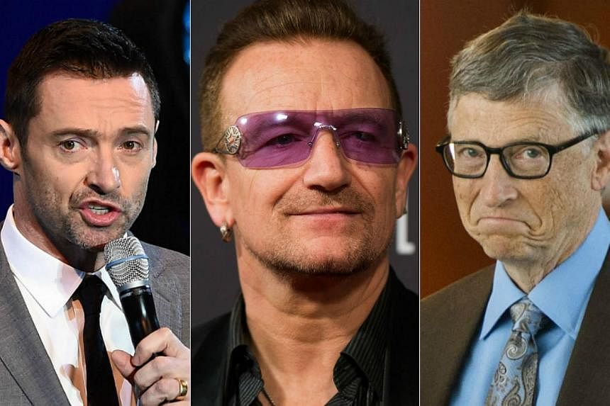 (From left) actor Hugh Jackman, singer Bono and Microsoft founder Bill Gates. -- PHOTO: AFP
