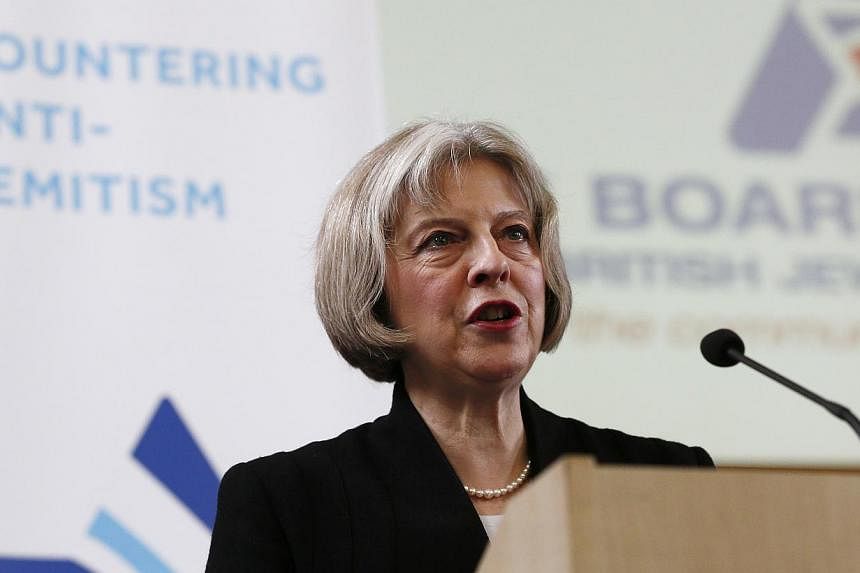 Britain's Home Secretary Theresa May speaks during a Board of Deputies of British Jews event in London on Jan 18, 2015.&nbsp;Britain needs to address an "appalling" spike in anti-Semitism, Ms May said on Sunday in a speech to the Jewish community des