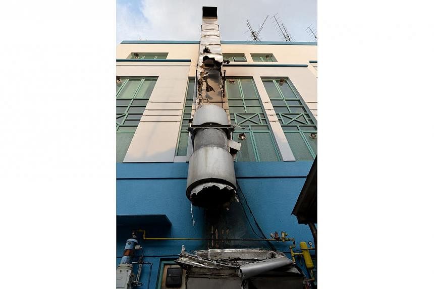 An air vent/chimney outside Good Good's eating House that was damaged from the fire as well.&nbsp;-- ST PHOTO:&nbsp;CAROLINE CHIA