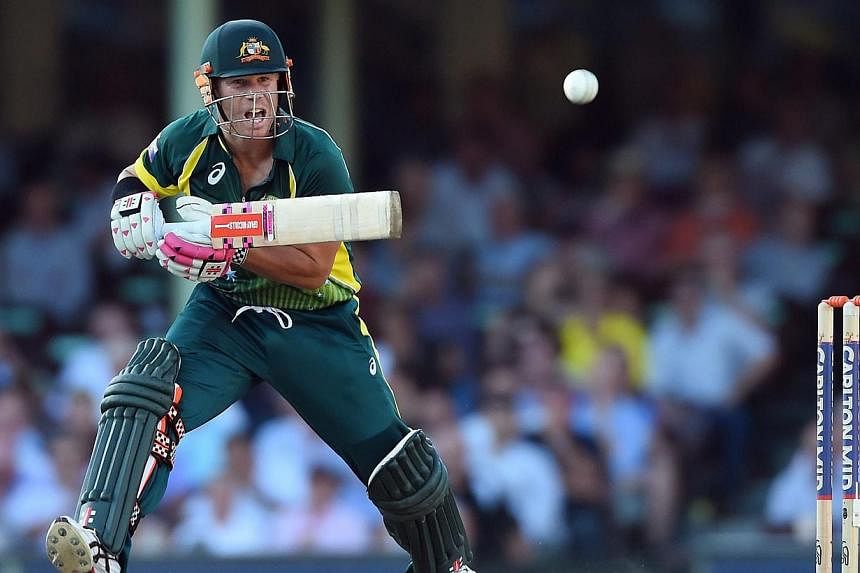 David Warner of Australia plays a shot during the Tri-Series One Day International against England at the Sydney Cricket Ground, in Sydney, Australia on Jan 16, 2015. -- PHOTO: EPA