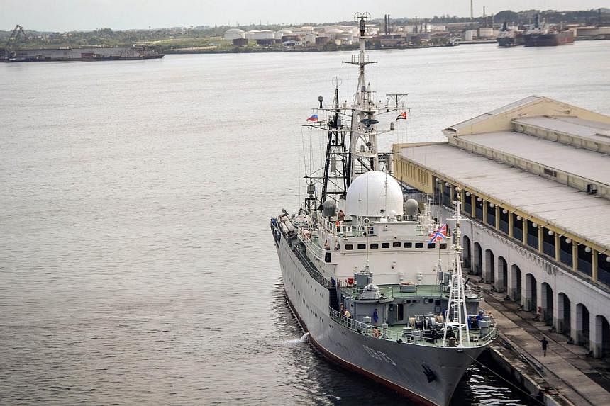 The Russian intelligence warship Viktor Leonov CCB-175 docked at the port of Havana, on Tuesday, &nbsp;the eve of historic US-Cuba talks aimed at normalising diplomatic relations. -- PHOTO: AFP&nbsp;