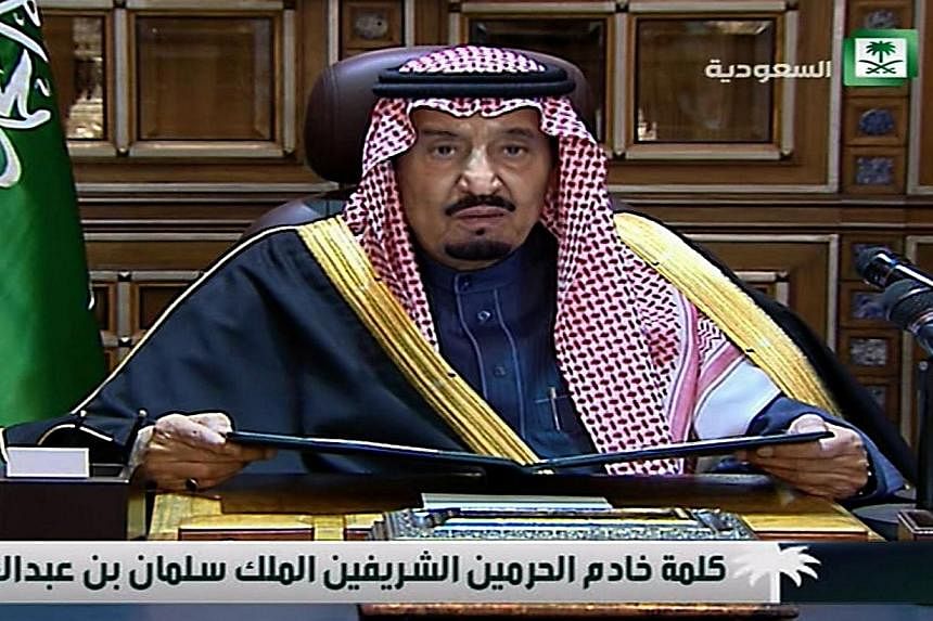 An image grab taken from Saudi state TV on Jan 23, 2015, shows Saudi Arabia's new King Salman in his first public address, in the Saudi capital Riyadh. -- PHOTO: AFP