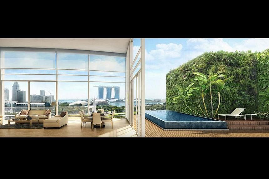 Artist's impressions of an amenity deck with an infinity swimming pool (above), which will have lush plants such as the Erythrina tree; and the sheltered dining space The Galleria (above left), below a glass roof at the upcoming Capitol Singapore. Mr