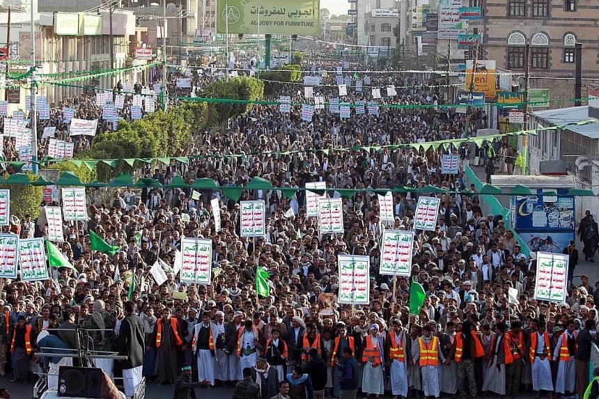 Followers of the Houthi movement march during a demonstrate to show support for the Shiite movement's uprising, which resulted them taking control of Sanaa, in the Yemeni capital on Jan 23, 2015. Yemen faced a dangerous power vacuum after its preside