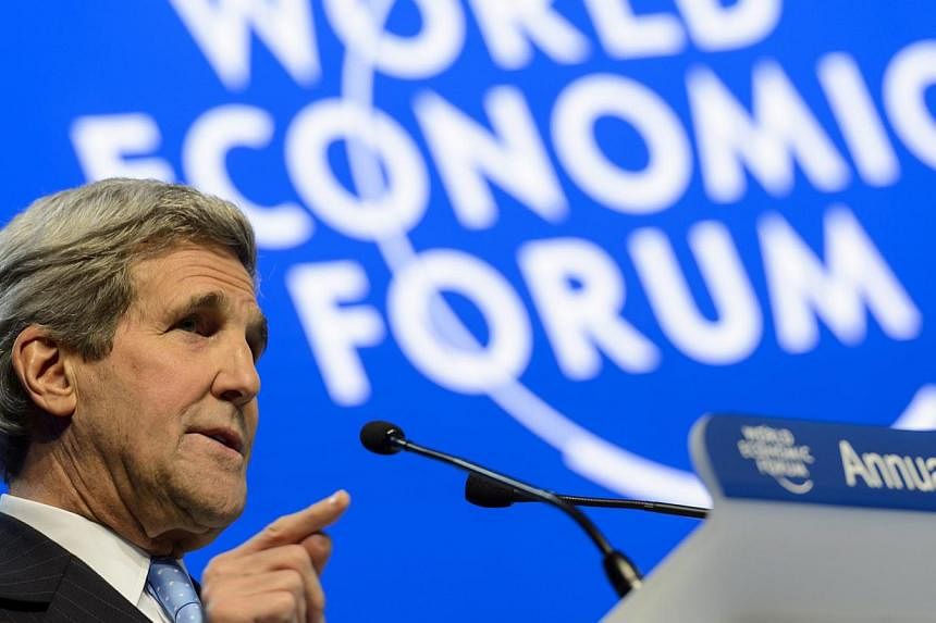 US Secretary of State John Kerry speaking at the WEF meeting in Davos on Jan 23 2015. Kerry set out his vision for the fight against Islamist violence on Friday in an impassioned speech in Davos where he also announced a visit to Nigeria.&nbsp;-- PHO