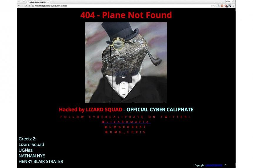 The website’s front page was replaced with an image of a tuxedo-wearing lizard, and read “Hacked by LIZARD SQUAD – OFFICIAL CYBER CALIPHATE”. It also carried the headline “404 - Plane Not Found", an apparent reference to the airline’s los