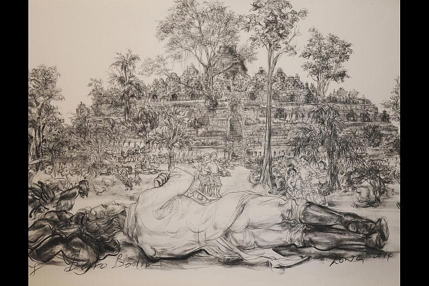 Artist Jimmy Ong reimagines history with his charcoal on paper works, such as Mapping Boro Bodor (above), which shows Sir Thomas Stamford Raffles reclining. -- PHOTO: FOST GALLERY