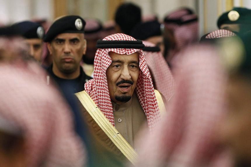 New Saudi King Salman attends a ceremony with world leaders offering their condolences following the death of the late Saudi King, Abdullah bin Abdulaziz, at the Diwan royal palace in Riyadh on Jan 24, 2015. -- PHOTO: REUTERS