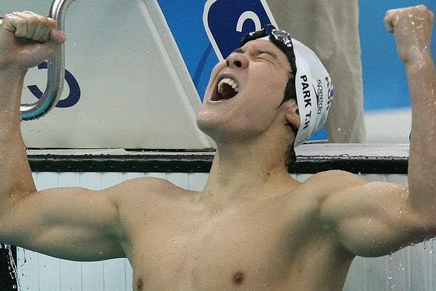 South Korean swimmer Park Tae Hwan after winning the 400m freestyle at the 2008 Beijing Olympics. The national icon is fighting to clear his name in a shock doping test failure.&nbsp;-- PHOTO: ST FILE