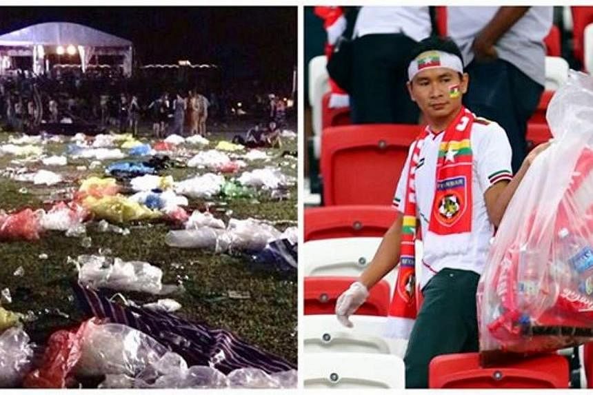 PM Lee posted two contrasting photos - one of the Meadow at Gardens by the Bay covered in litter after some 13,000 people attended the 2015 Laneway Music Festival over the weekend, and the other of Myanmar fans picking up litter at the National Stadi