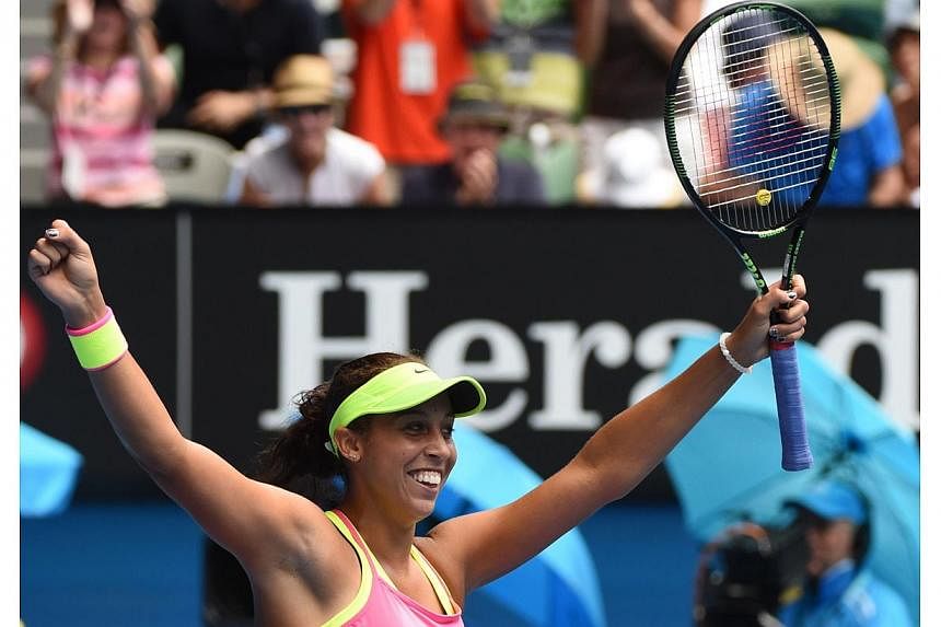 Madison Keys of the US celebrates winning her women's singles match against Venus Williams of the US on day ten of the 2015 Australian Open tennis tournament in Melbourne on Jan 28, 2015.&nbsp;The Williams sisters on Wednesday predicted a big future 
