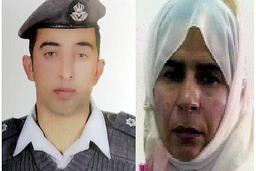A combo picture made on Jan 28, 2015, shows Jordanian pilot Maaz al-Kassasbeh (left), who was captured by ISIS militants on Dec 24 in Syria, and Sajida al-Rishawi (right), a would-be suicide bomber on death row since 2006. -- PHOTO: AFP