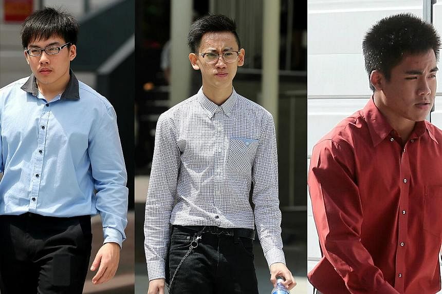 (From left) Reagan Tan Chang Zhi, Chay Nam Shen and Boaz Koh Wen Jie, all 18, were among five hauled to court last year to face charges of theft, criminal trespass and vandalism. -- PHOTOS: WONG KWAI CHOW, THE NEW PAPER