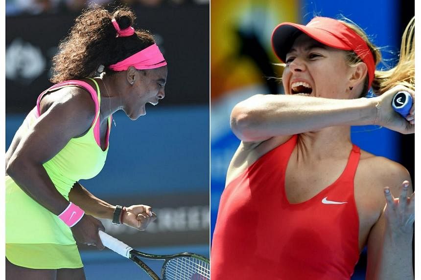 Top seed Serena Williams (left) will meet archrival Maria Sharapova in the Australian Open final after the duo beat Madison Keys and Ekaterina Makarova respectively. -- PHOTOS: EPA