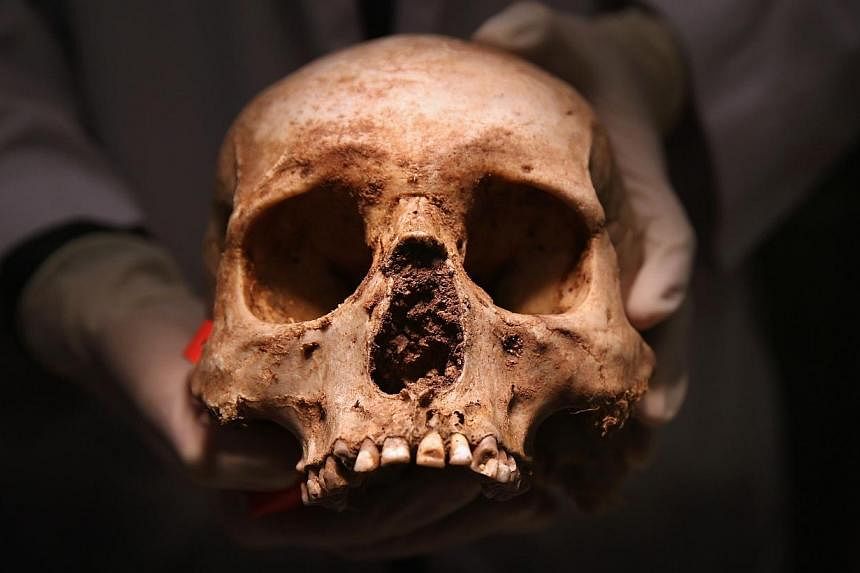 A human skull being held up by a forensic anthropologist. The&nbsp;gruesome discovery of dozens of bones and decayed body parts found in a police building in northern India has sparked a probe by authorities.&nbsp;-- PHOTO: AFP