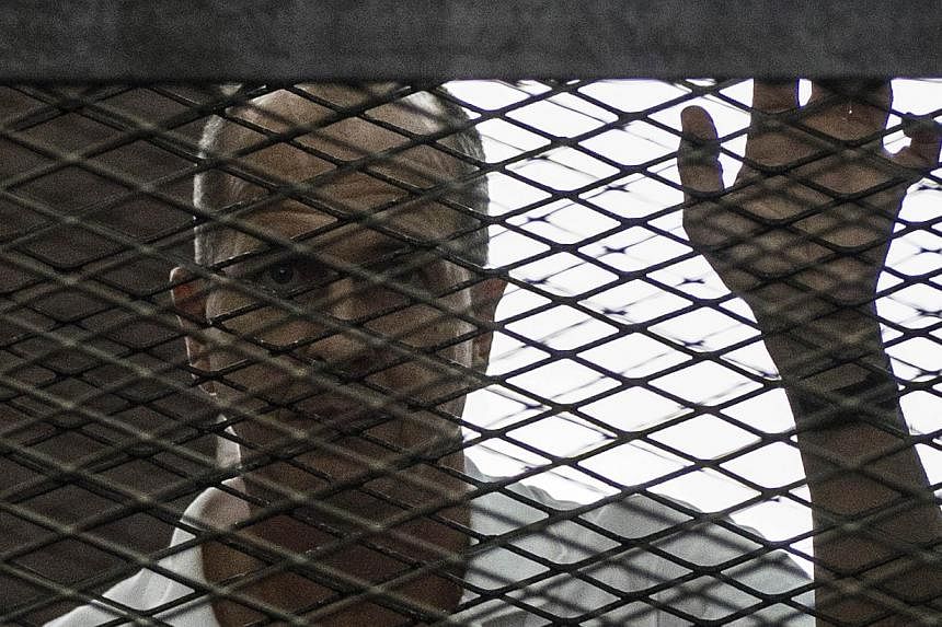 Al-Jazeera news channel's Australian journalist Peter Greste listening to the verdict inside the defendants cage during his trial for allegedly supporting the Muslim Brotherhood at the police institute near Cairo's Tora prison&nbsp;on June 23, 2014. 