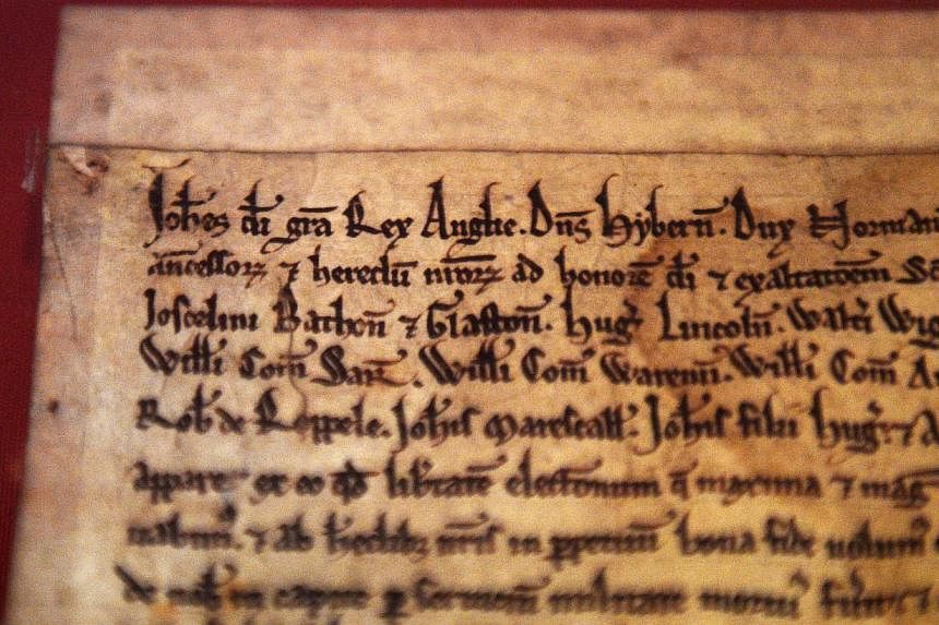 A close-up view of the Salisbury Magna Carta, at the British Library in London, Britain on&nbsp;Feb 2,&nbsp;2015. -- PHOTO: EPA
