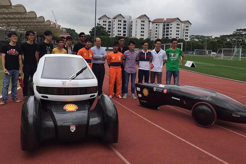 Two solar-powered electric cars, designed by students from the Nanyang Technological University (NTU), were unveiled by the institution on Monday morning. -- ST PHOTO: AUDREY TAN