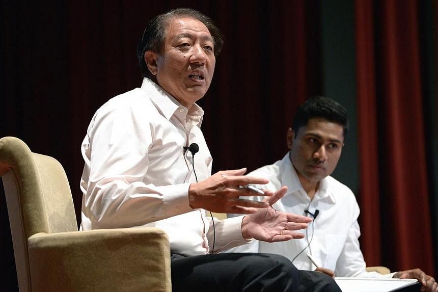 Student Moderator Kubaren Algasamy (right) with Deputy Prime Minister Teo Chee Hean who is also Coordinating Minister for National Security and Minister for Home Affairs at the Q&amp;A session at ADM Auditorium, School of Art, Design and Media, Nanya