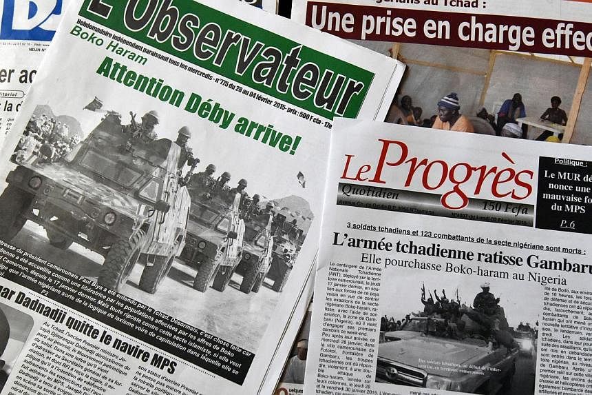 Chadian newspapers with headlines pertaining to Chad's military intervention against Nigerian Islamist group Boko Haram reading " Look out Deby is coming!" (Top left), "Chadian army combs through Gambaru" (top right) and "Nigerian refugees in Chad: a