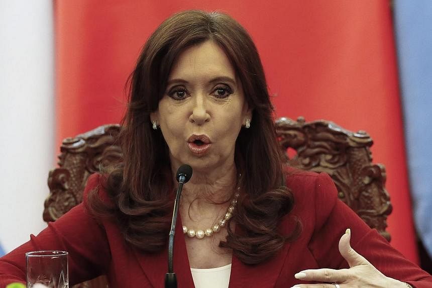 Argentinian President Cristina Kirchner delivering a statement during a signing ceremony with Chinese President Xi Jinping at the Great Hall of the People in Beijing on Feb 4, 2015. -- PHOTO: REUTERS