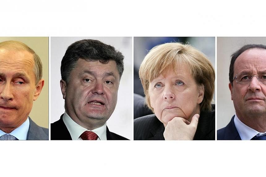 (Left to right) A four-piece composite picture made of file pictures of Russian President Vladimir Putin, Ukrainian President Pedro Porosgenko, German Chancellor Angela Merkel, and French President Francois Hollande. -- PHOTO: EPA
