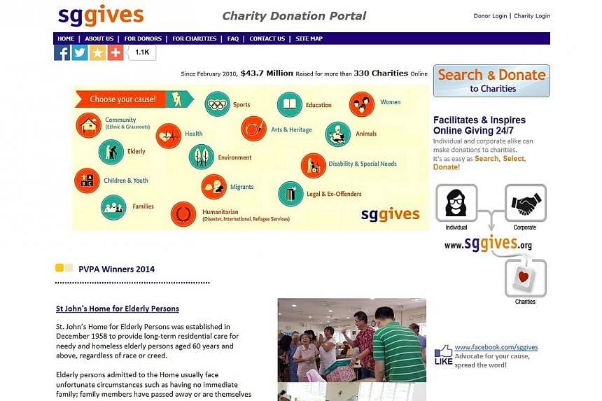 Online donation portal SG Gives collected more that $13 million for the needy in Singapore last year, up from about $11 million in 2013. -- PHOTO: SCREENGRAB FROM SGGIVES.ORG