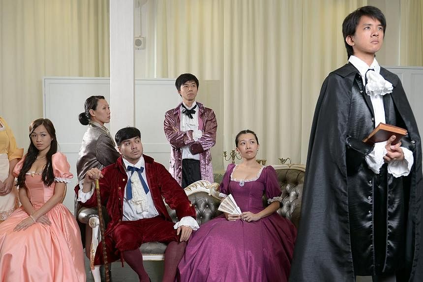The cast of Tartuffe (from left) Jalyn Han, Jean Toh, Koh Wan Ching, Darius Tan, Neo Hai Bin, Mia Chee and Hang Qian Chou. -- ST PHOTO: DESMOND WEE