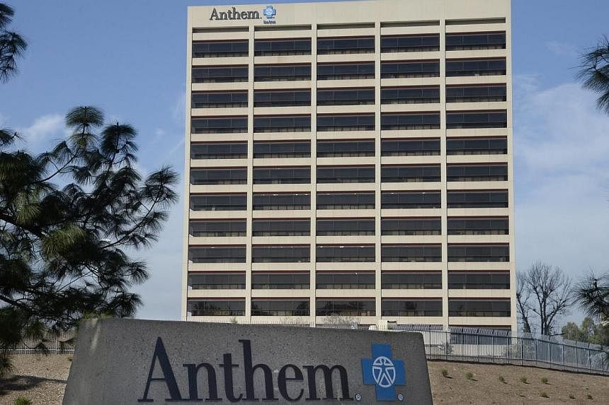 The Anthem Blue Cross logo is seen outside the company's office building in Woodland Hills, California, US, on Feb 5 2015. China on Friday rejected accusations it was behind a hacking attack that saw data on up to 80 million customers stolen from US 