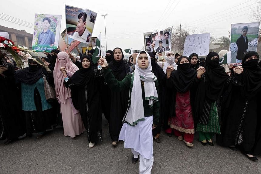 Relatives of the students, who were killed by Taleban militants during an attack at Army Public School, chant slogans during a protest demanding that the culprits of the attack be brought to justice, in Peshawar, Pakistan on Feb 7,&nbsp;2015. Hundred