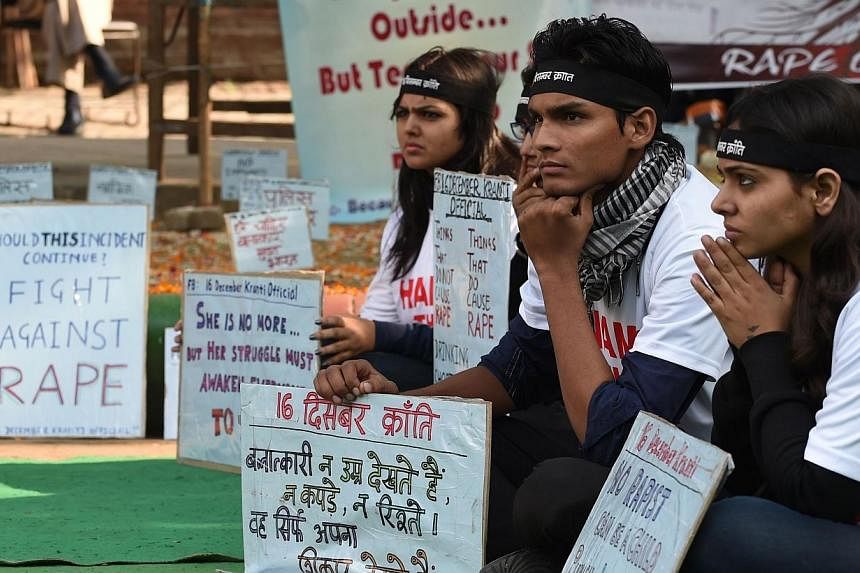 Indian activists against rape looking on at the protestor's corner in Jantar Mantar in New Delhi on Dec 16, 2014. An intellectually disabled Nepalese woman was savagely raped and murdered before her mutilated body was dumped in a field in northern In