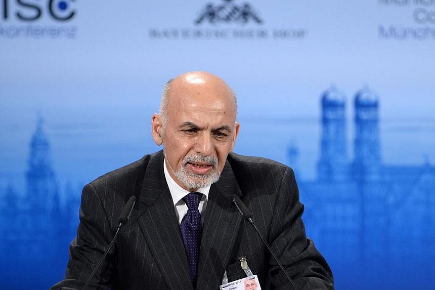Afghanistan President Mohammad Ashraf Ghani speaks during the 51st Munich Security Conference (MSC) in Munich, southern Germany, on Sunday. -- PHOTO: AFP&nbsp;