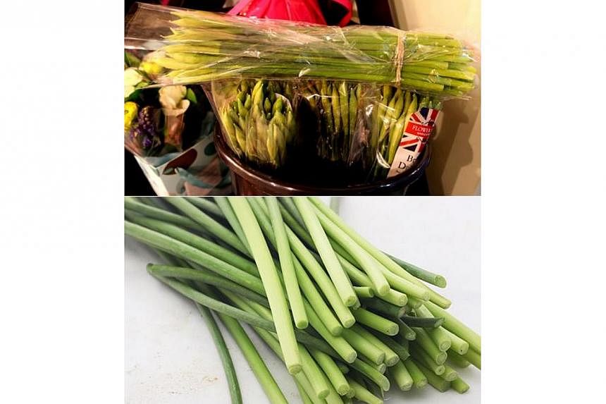 Daffodils (top) have been mistaken for garlic scape (bottom), a Chinese vegetable, but daffodils contain toxins. The National Poisons Information Service of the UK answered 27 calls about daffodil poisoning last year. -- PHOTO: CHINA DAILY