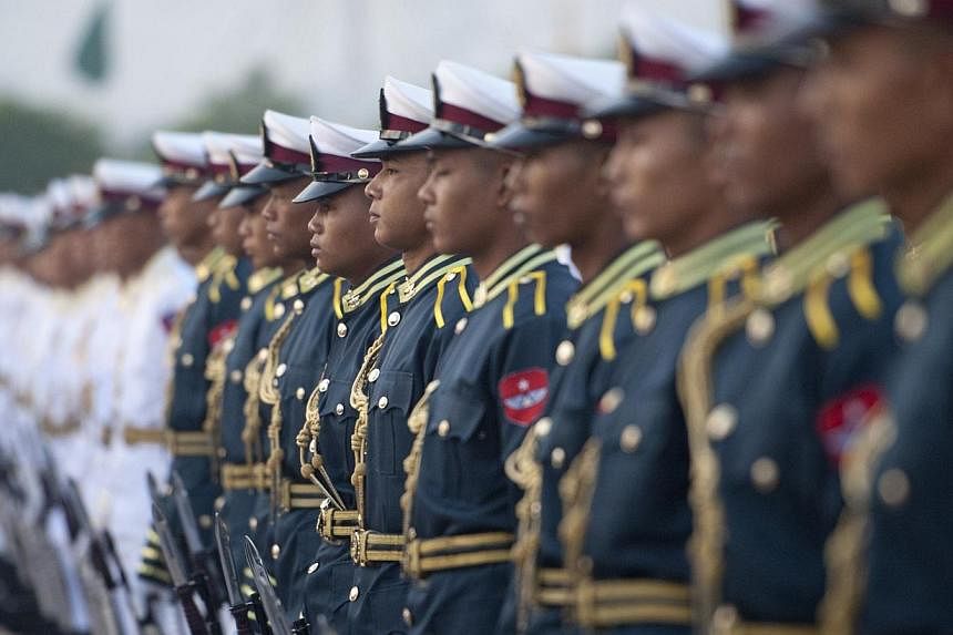Honour guards attending the 68th Union Day ceremony at City Hall in Naypyidaw, Myanmar, on Feb 12, 2015. -- PHOTO: AFP