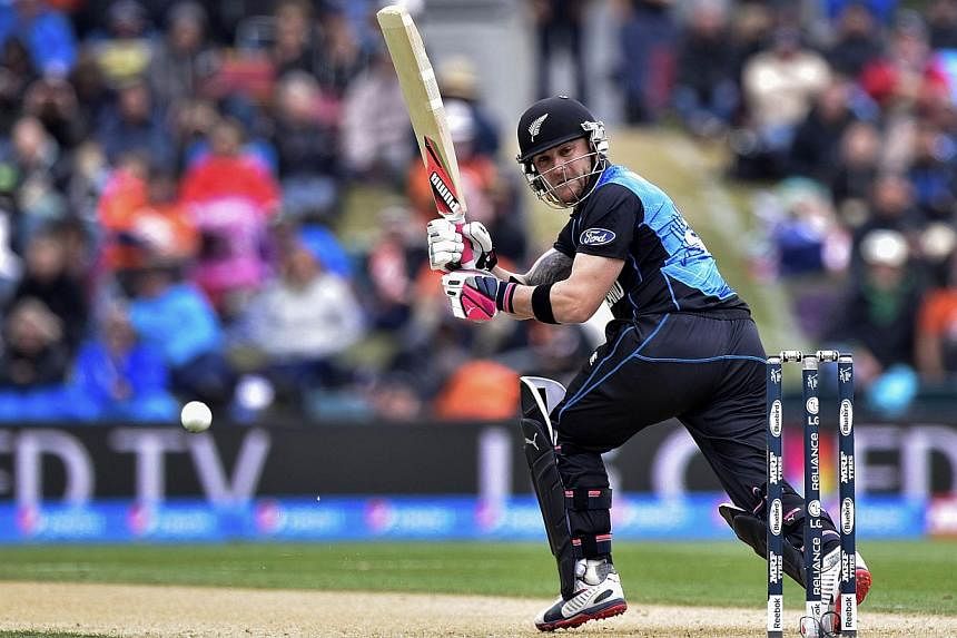 New Zealand's captain Brendon McCullum plays a shot during their 2015 Cricket World Cup match against Sri Lanka at Hagley Oval in Christchurch on Feb 14, 2015. -- PHOTO: AFP