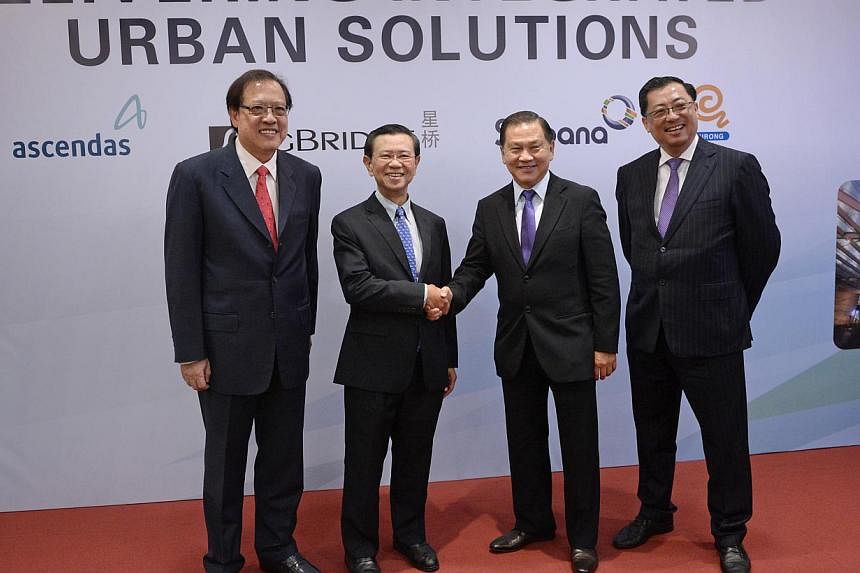 (From left) CEO of Ascendas-Singbridge Miguel Ko, chairman of Ascendas-Singbridge Wong Kan Seng, chairman of Surbana-JIH Liew Mun Leong and CEO of Surbana-JIH Wong Heang Fine, pictured after the press conference held by Temasek and JTC to announce th