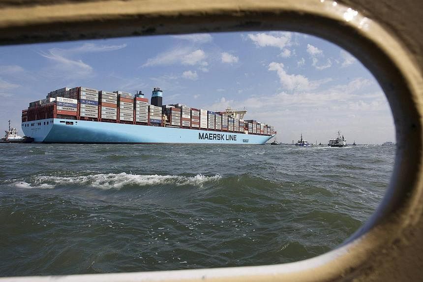 The MV Maersk Mc-Kinney Moller, the world's biggest container ship, arrives at the harbour of Rotterdam in this Aug 16, 2013 file photo. -- PHOTO: REUTERS