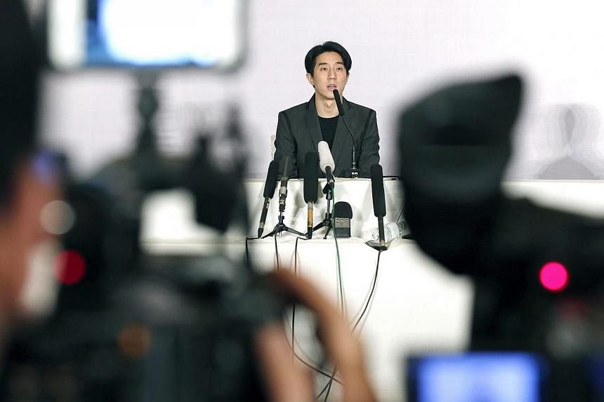 Chinese entertainment star Jaycee Chan attends a press conference after his release from prison, in Beijing, China, on Feb 14, 2015. He has been reunited with his mother, retired actress Lin Feng-jiao, in a secret place his agent will not disclose. -